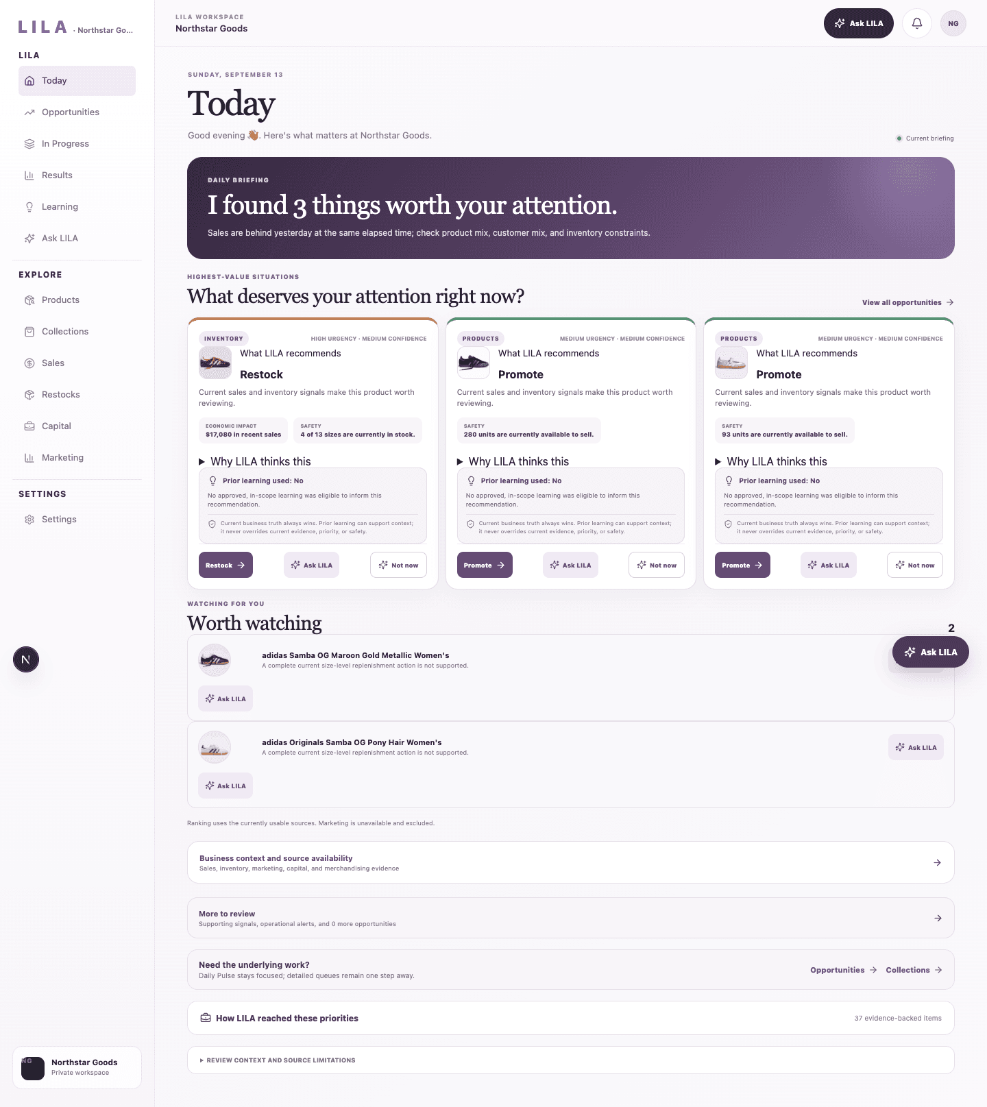 LILA Today view showing a daily briefing and prioritized ecommerce opportunities